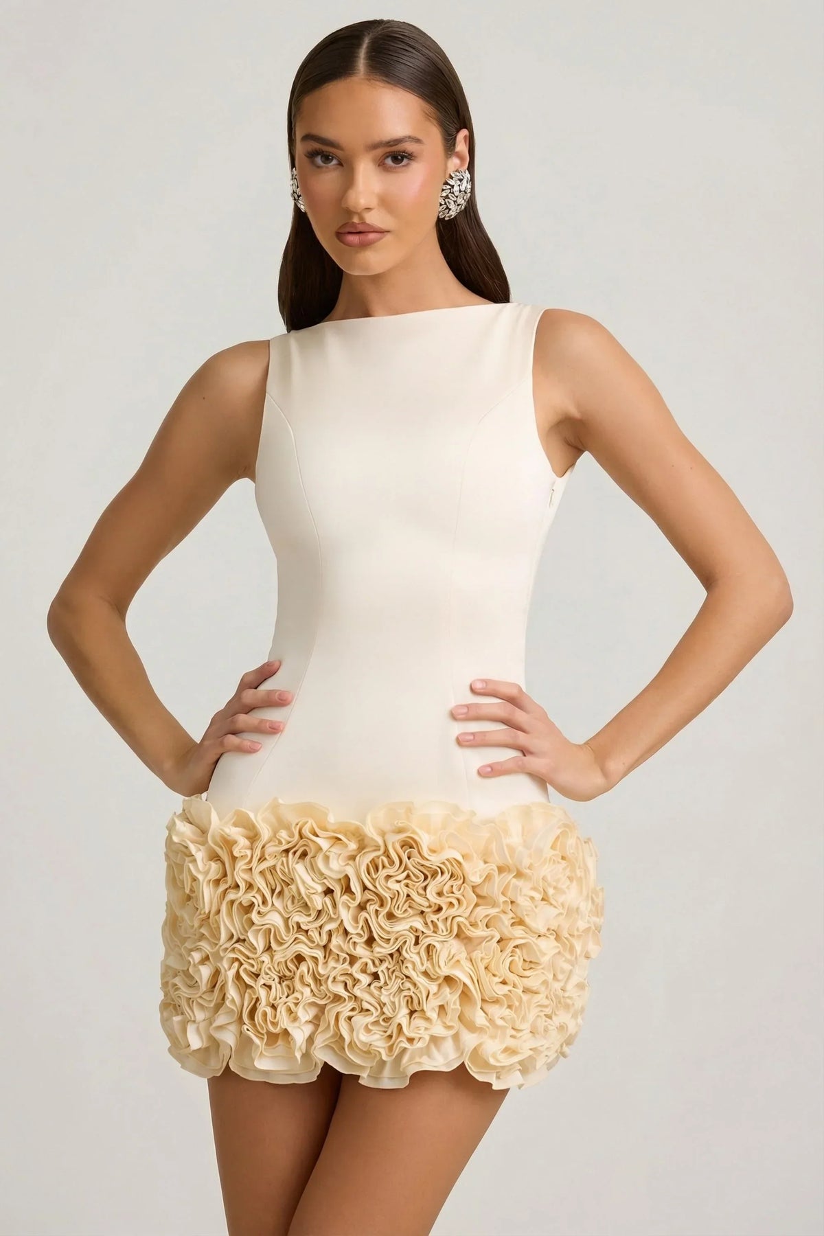Satin Floral Appliqué Open Back Mini Dress in Ivory