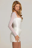 Embellished Long Sleeve Draped Mini Dress in White