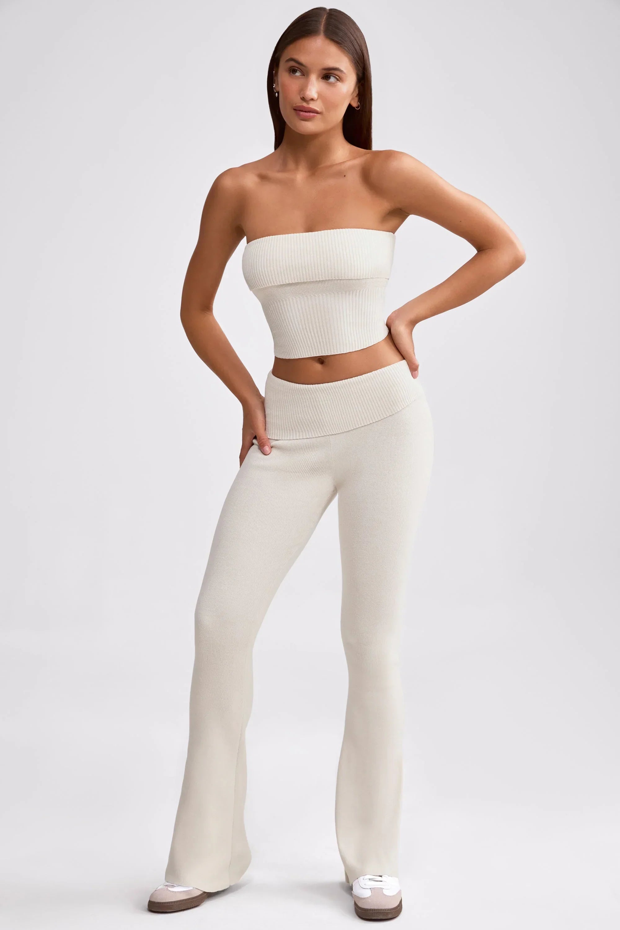 Chunky Knit Foldover Kick Flare Trousers in Cream