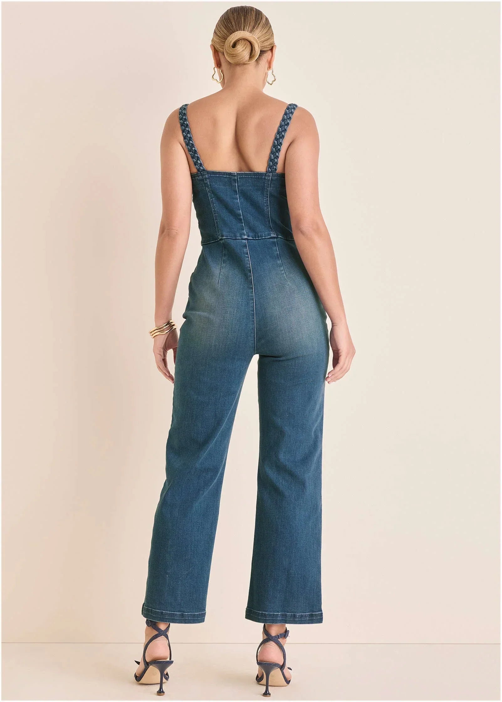 Braided Strap Denim Jumpsuit Medium Wash