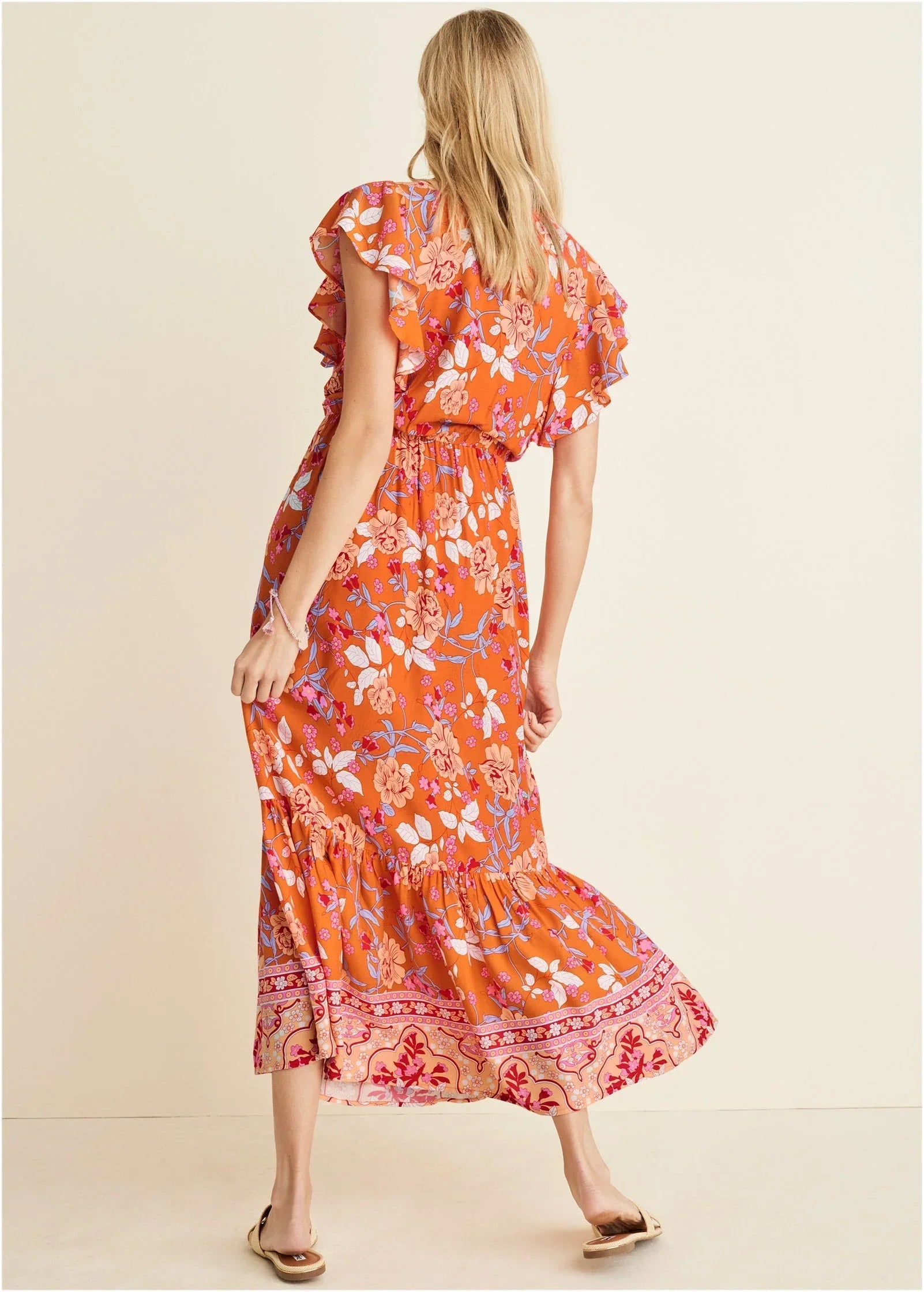 Flutter Sleeve Midi Dress Orange Multi