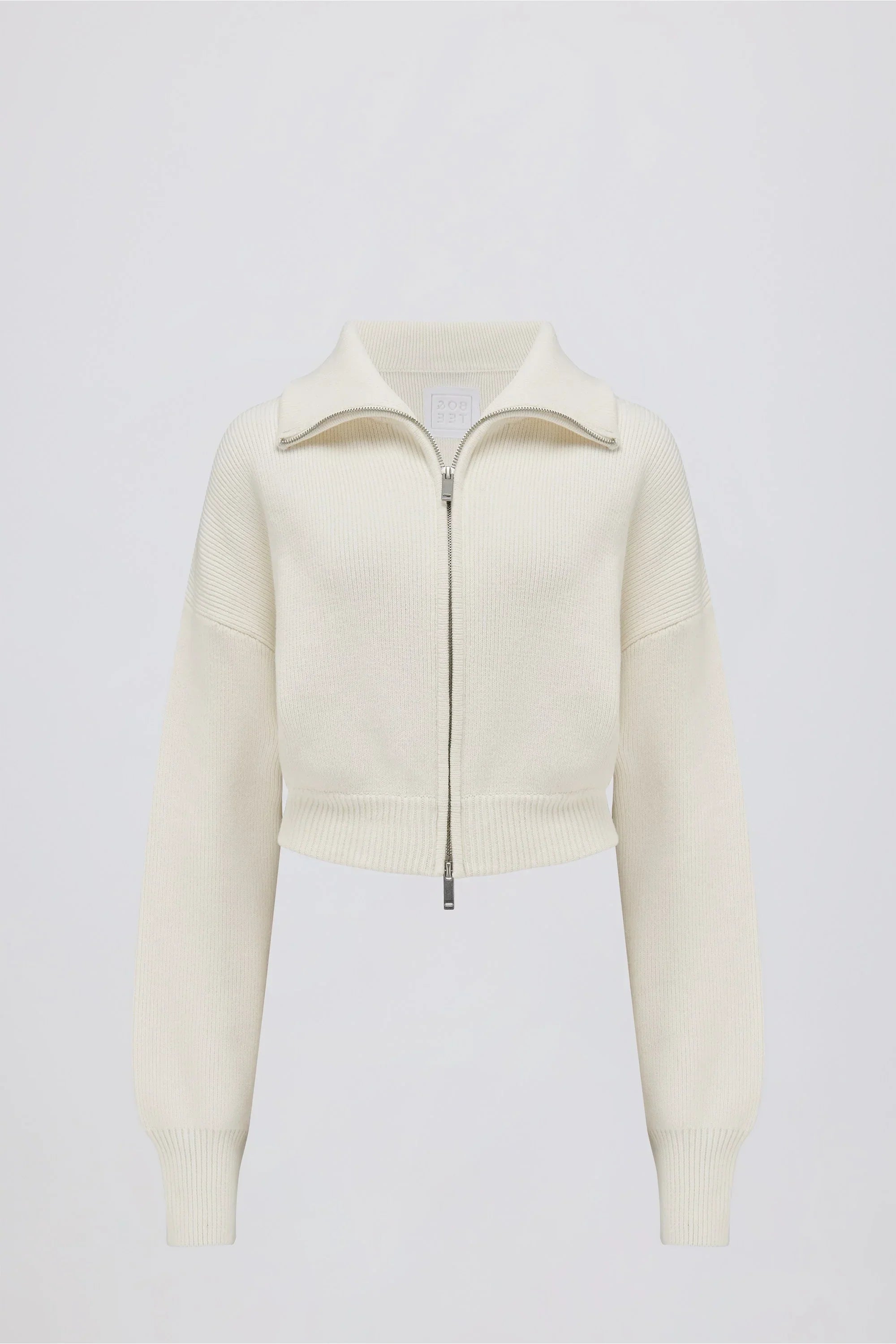 Ribbed Knit Zip Up Cropped Sweatshirt in Ivory