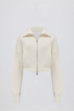 Ribbed Knit Zip Up Cropped Sweatshirt in Ivory