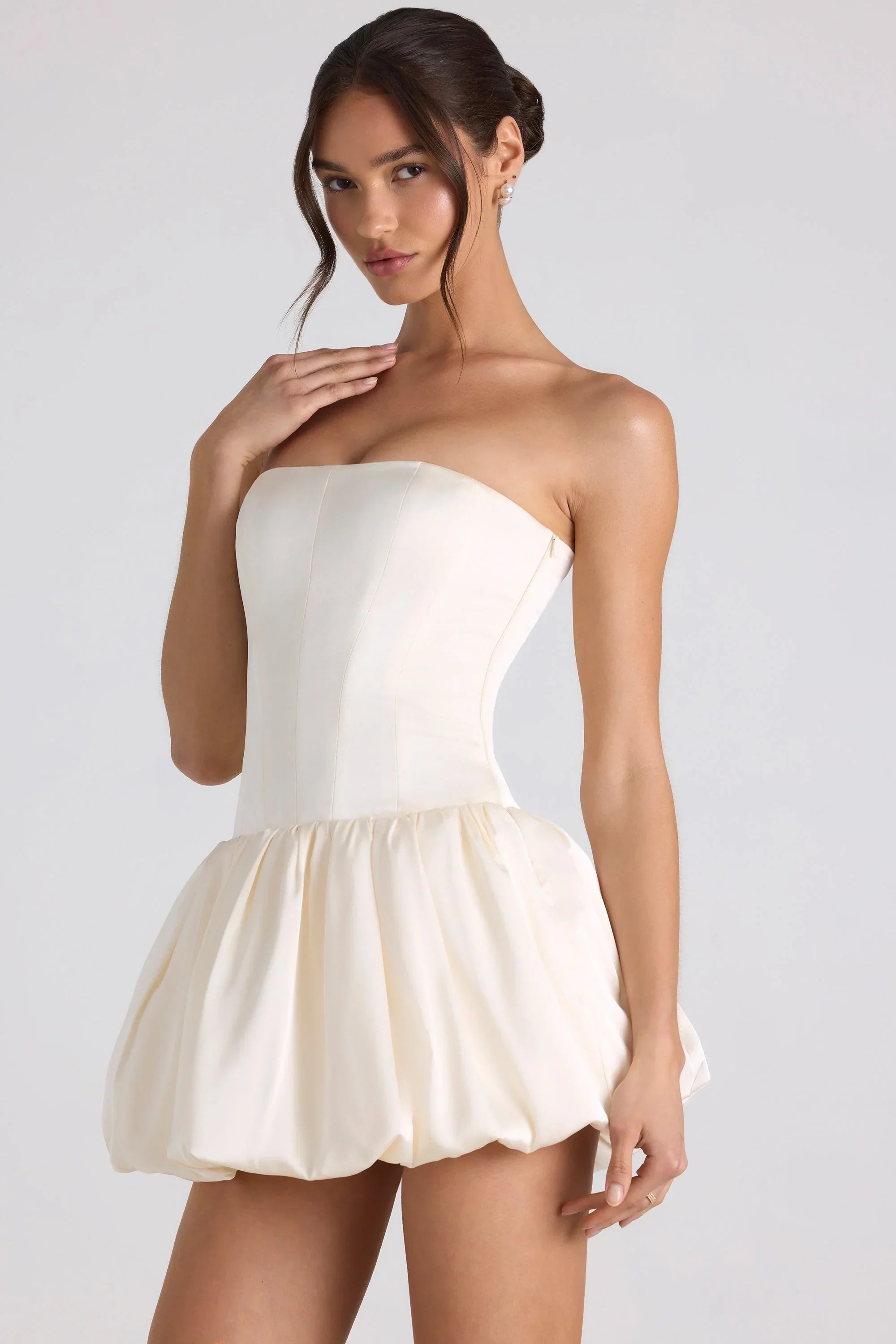 Lace Up Bubble Hem Corset Mini Dress in Ivory