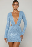 Embellished Cut Out Mini Dress in Light Blue
