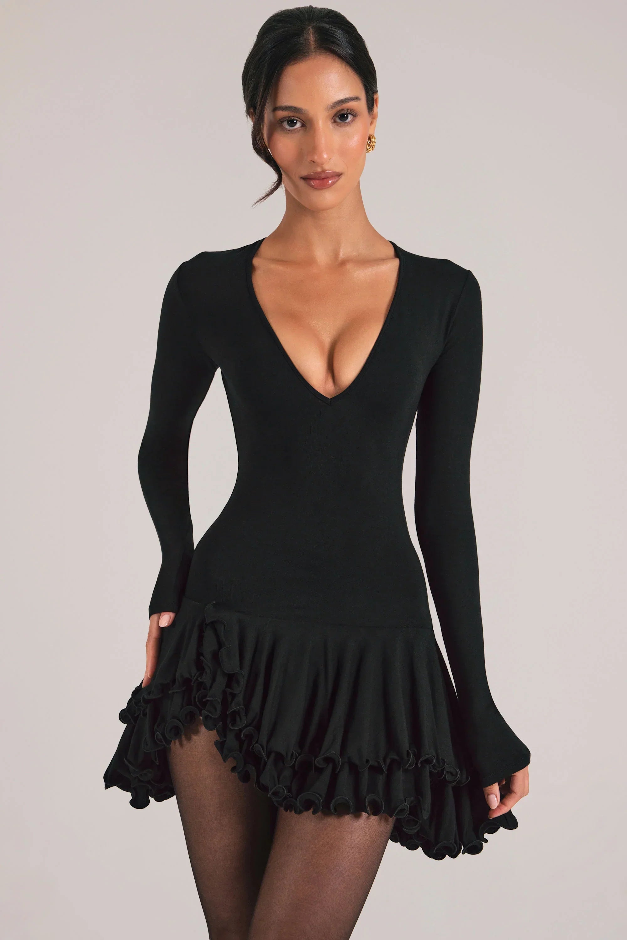 V Neck Ruffle Skirt Mini Dress in Black
