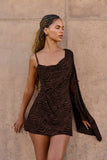 Devoré One Sleeve A Line Mini Dress in Dark Chocolate