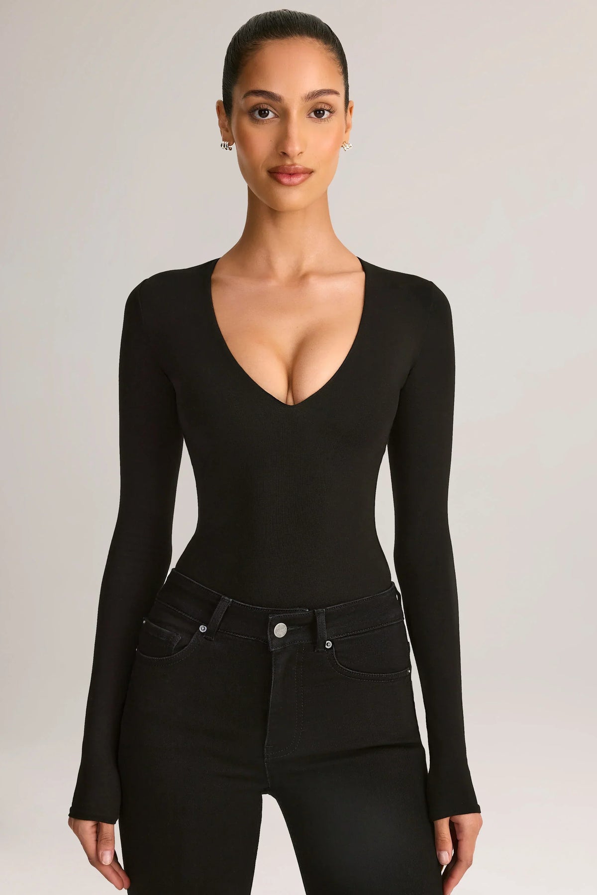Modal Plunge Long Sleeve Bodysuit in Black