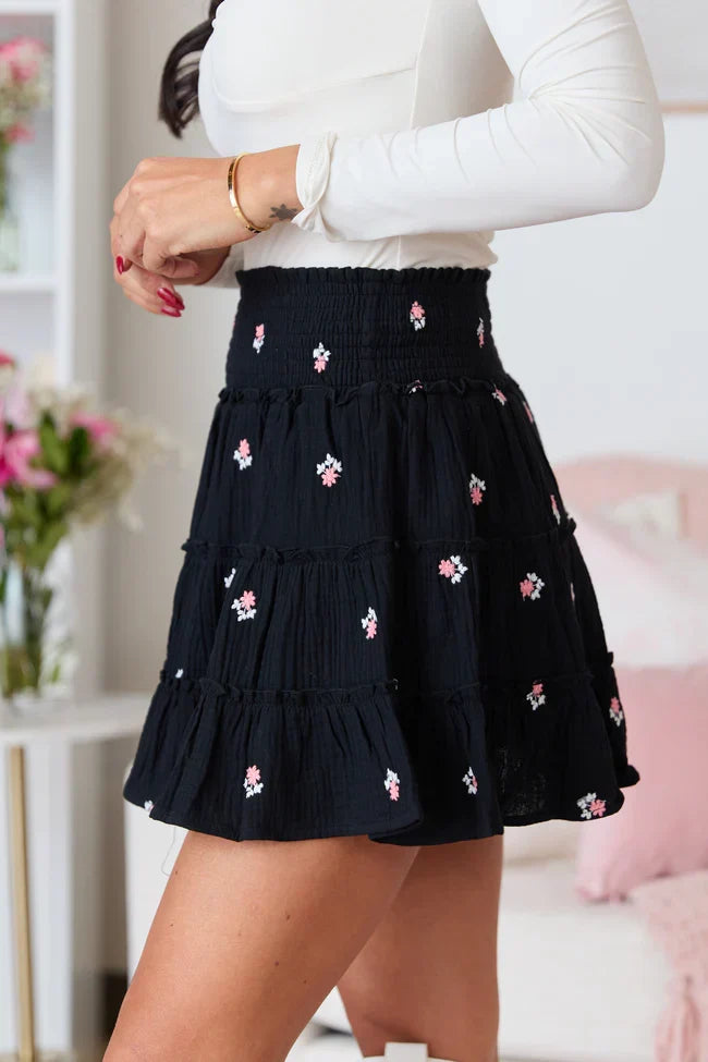 Through The Garden Black Gauze Floral Mini Skort