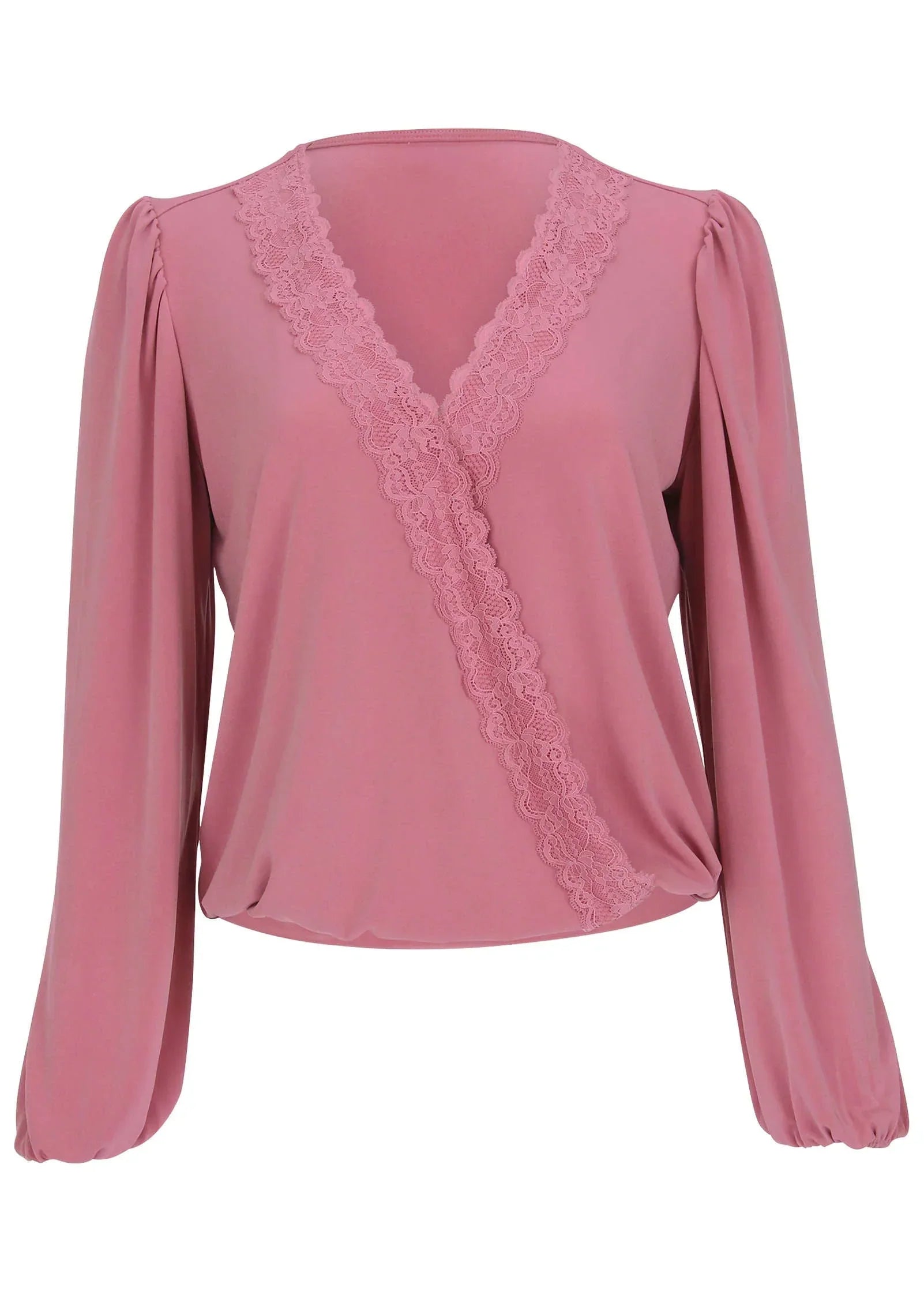 Faux Wrap Lace Trim Blouse Heather Rose