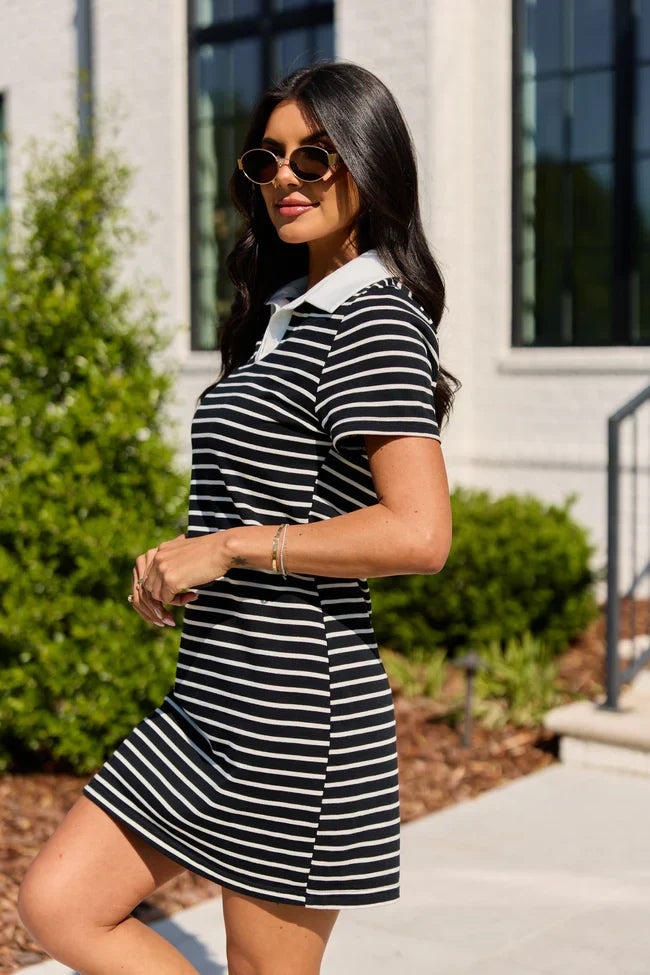 Prepared For Anything Black and White Collared Stripe Dress