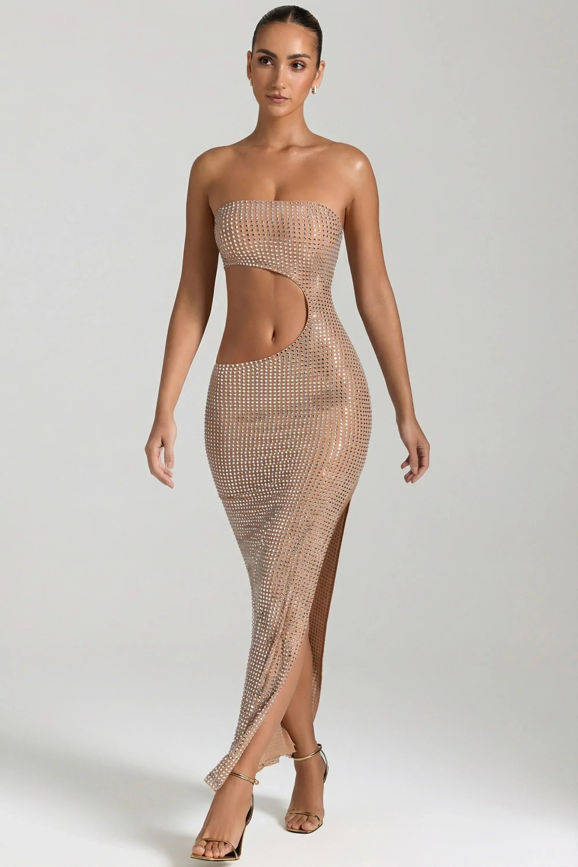 Embellished Cut Out Bandeau Maxi Dress in Honey