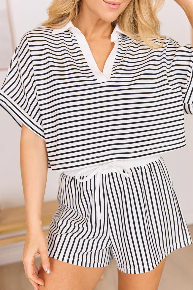 Move With Purpose White And Black Knit Striped Cropped Shirt