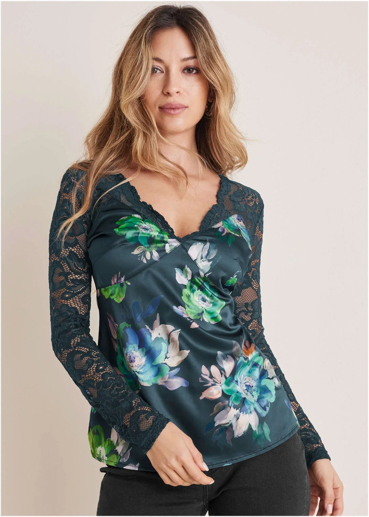 Lace Sleeve Printed Top Midnight Garden