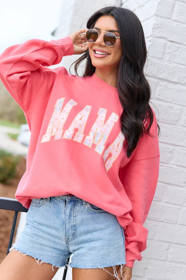 Mama Block Multi Daisy Light Red Graphic Sweatshirt