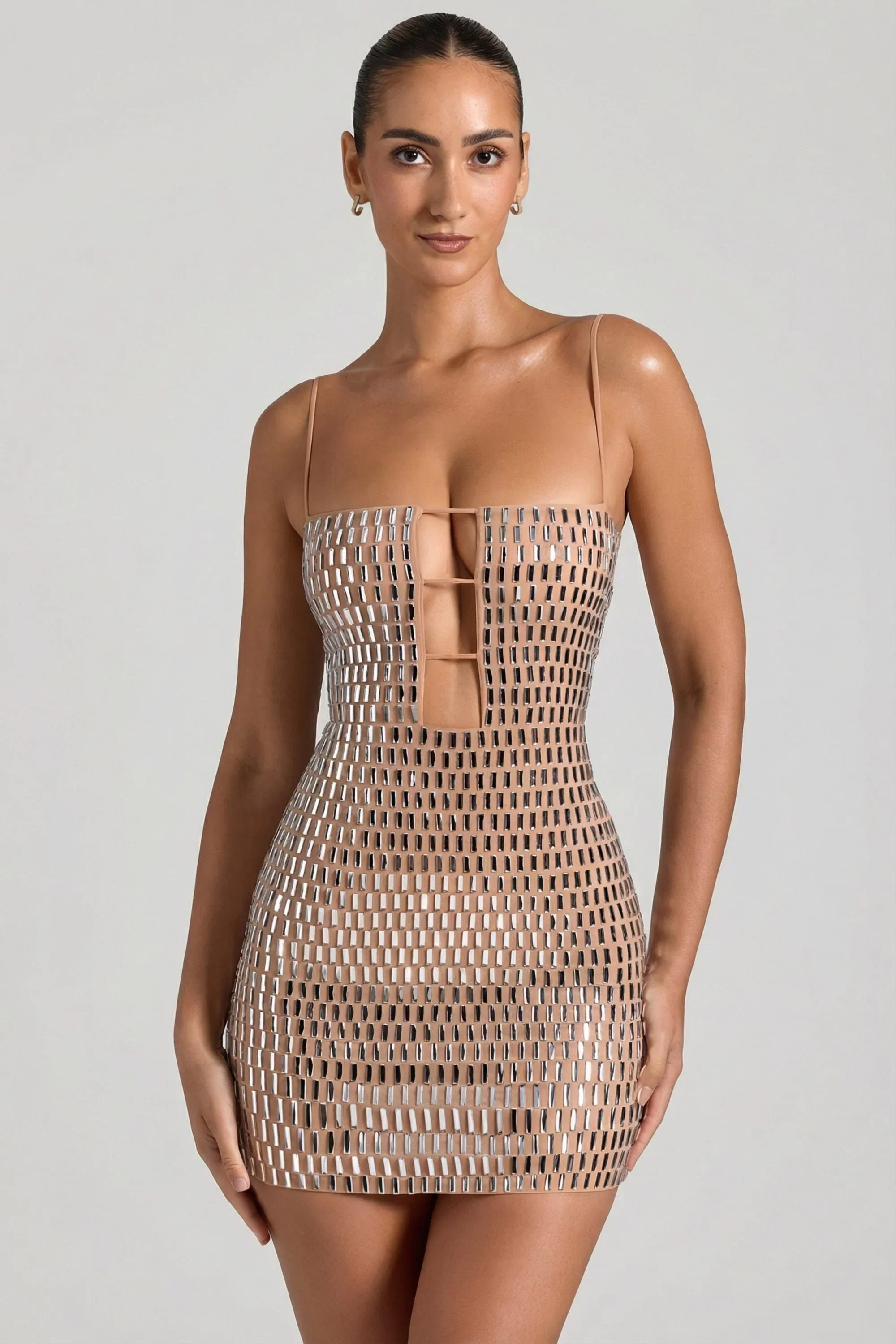 Embellished Cut Out Mini Dress in Honey
