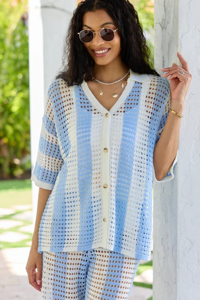 Blue Stripe Crochet Cover Up Top