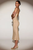 Metallic Lace Plunge Neck Backless Midaxi Dress in Gold