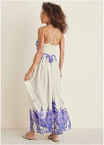 Printed Linen Maxi Dress Purple Paisley Border