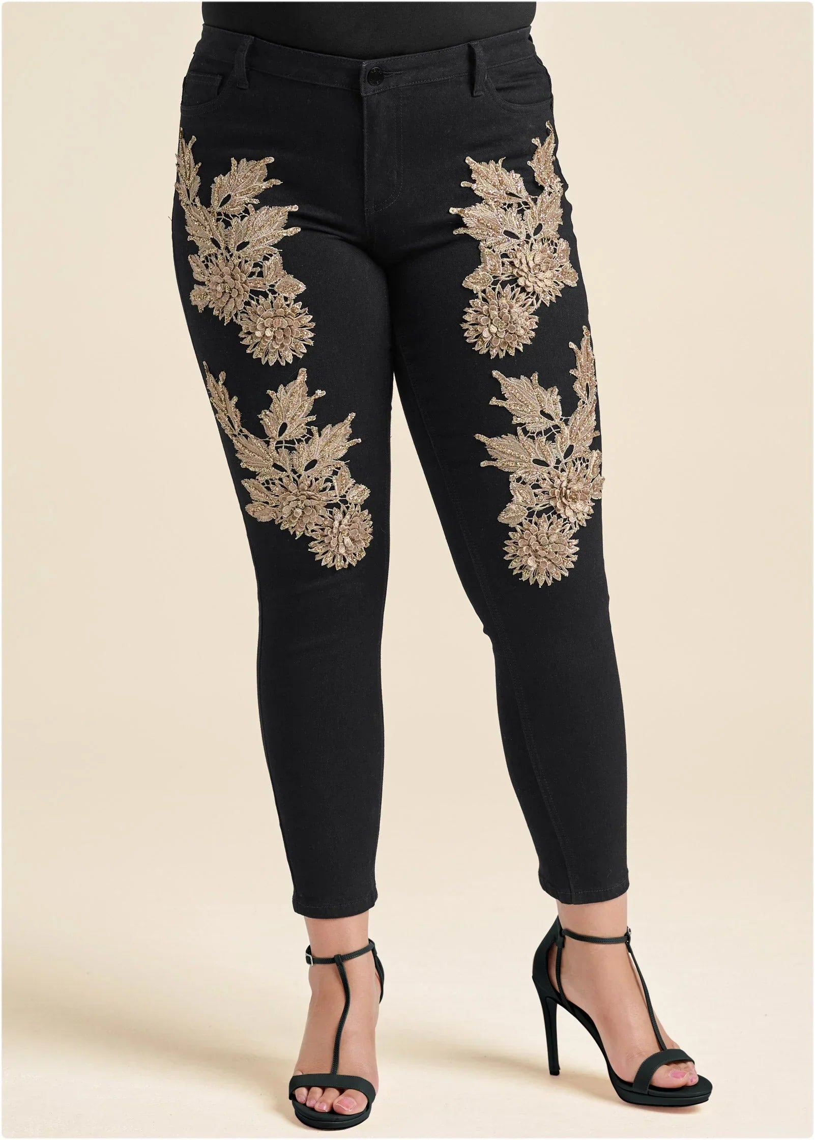 Floral Embellished Jeans Black Multi
