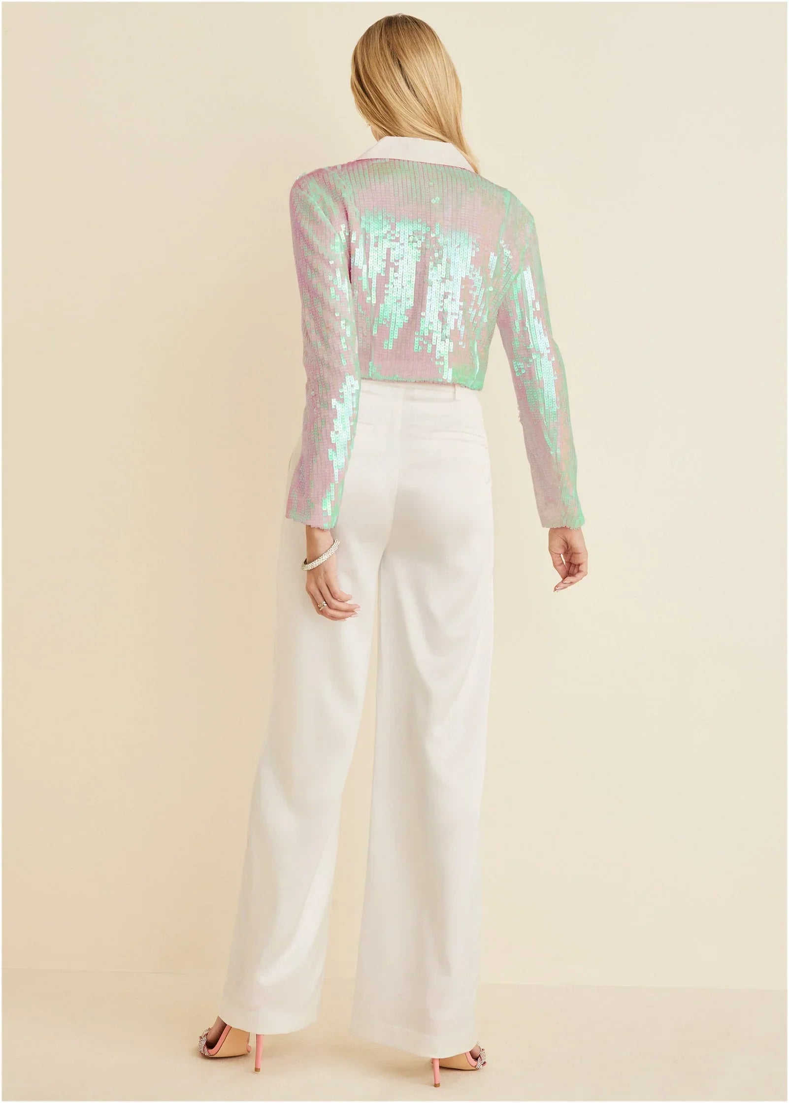 Cropped Sequin Blazer Pearl White