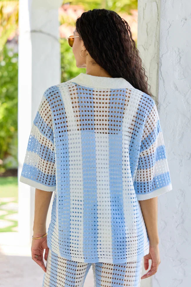 Blue Stripe Crochet Cover Up Top
