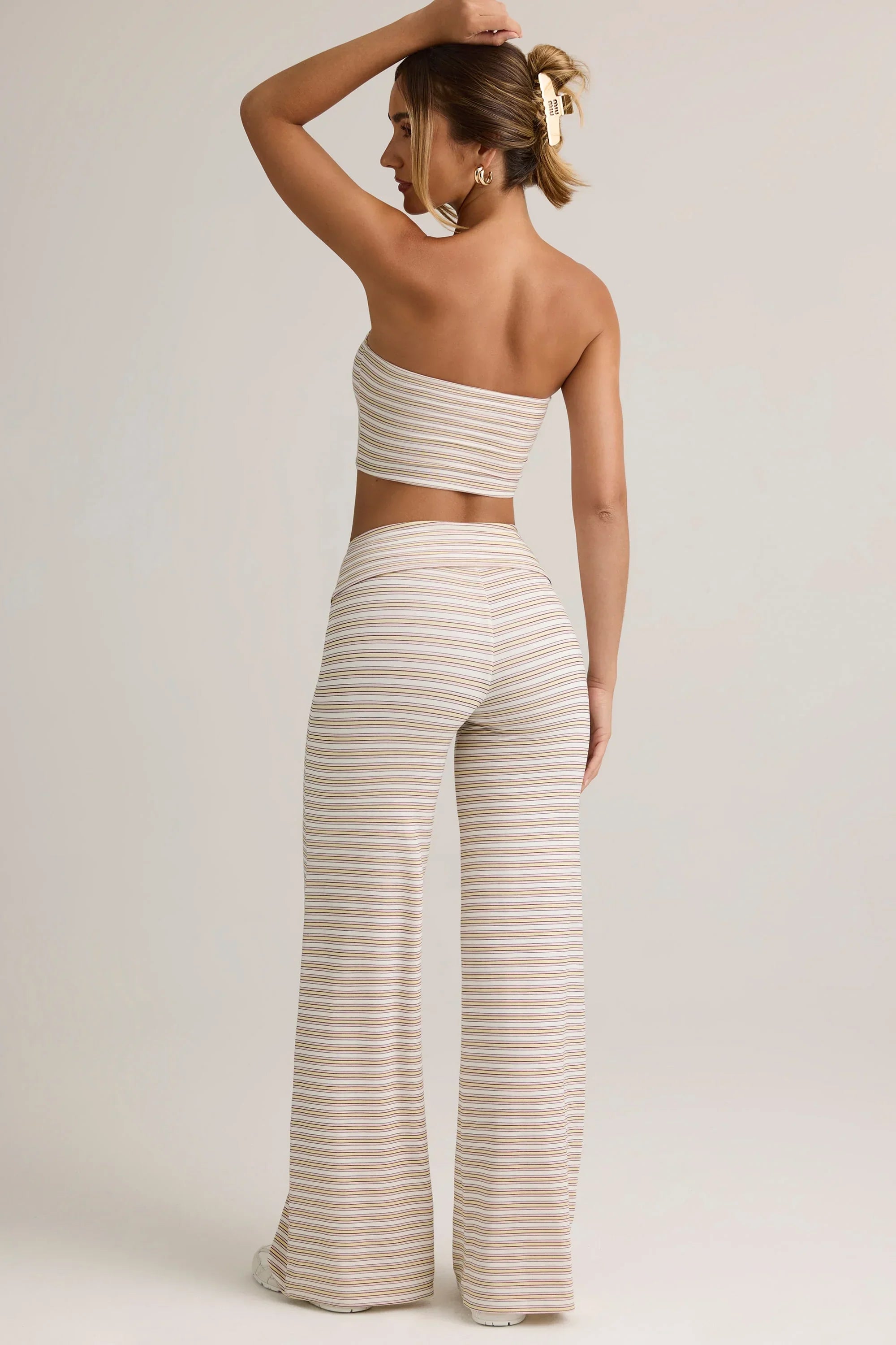 Modal Foldover Wide Leg Trousers in Pink Yellow Stripe