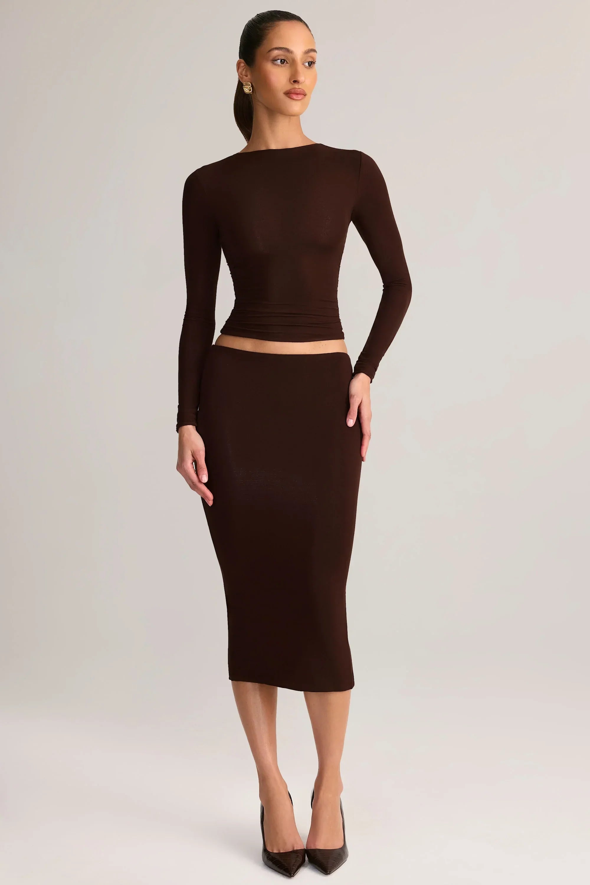 Modal Mid Rise Pencil Midi Skirt in Chocolate Brown