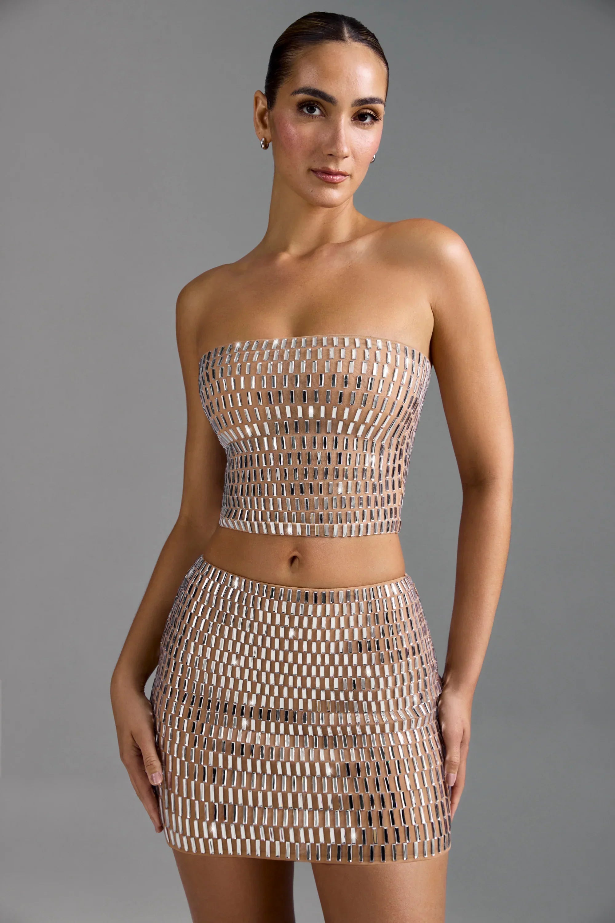 Embellished Low Rise Micro Mini Skirt in Almond