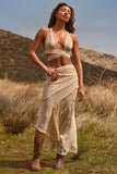 Ruffled Asymmetric Mid Rise Maxi Skirt in Tan Print