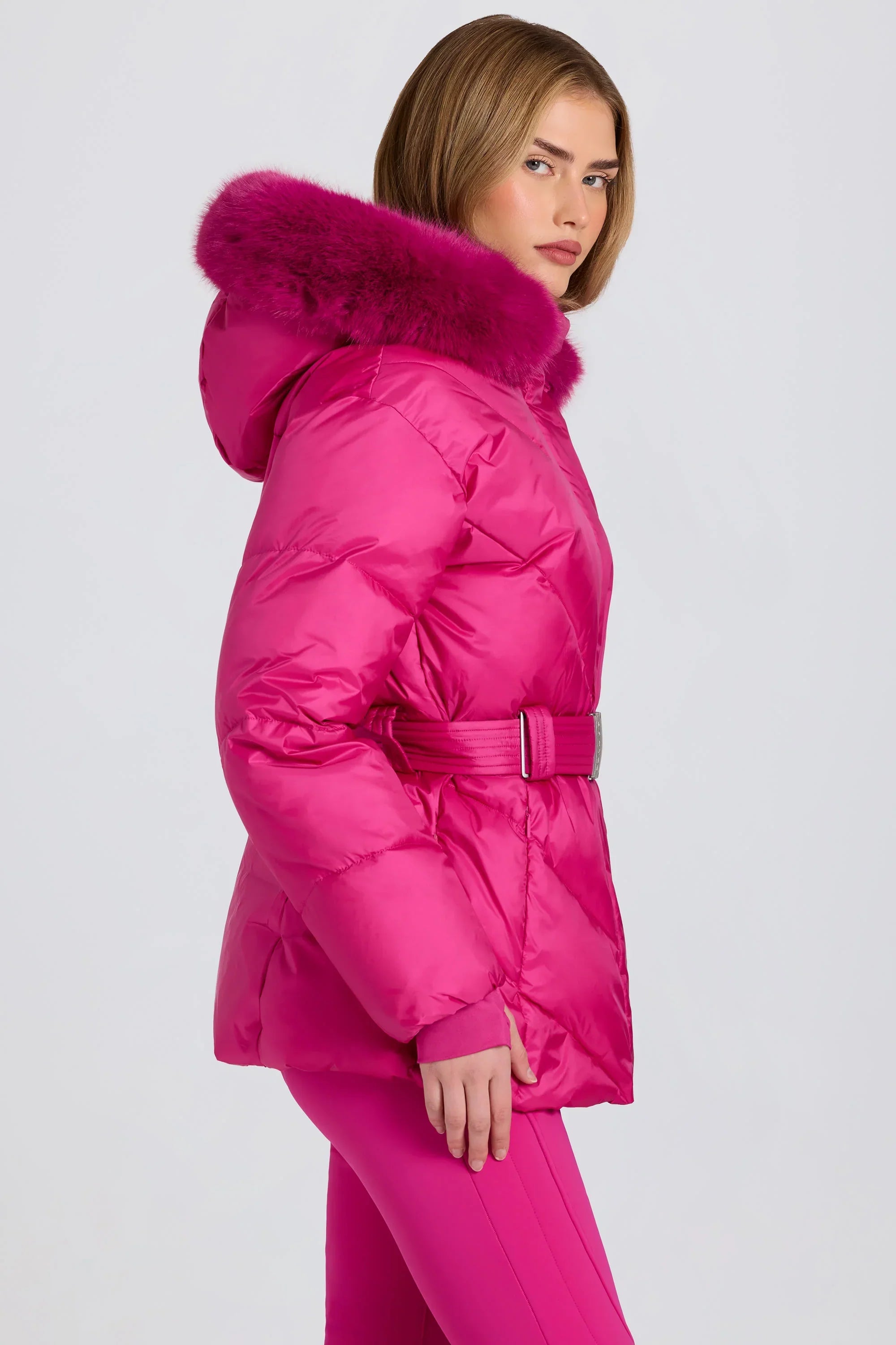 Waterproof Faux Fur Hood Ski Jacket in Magenta Pink