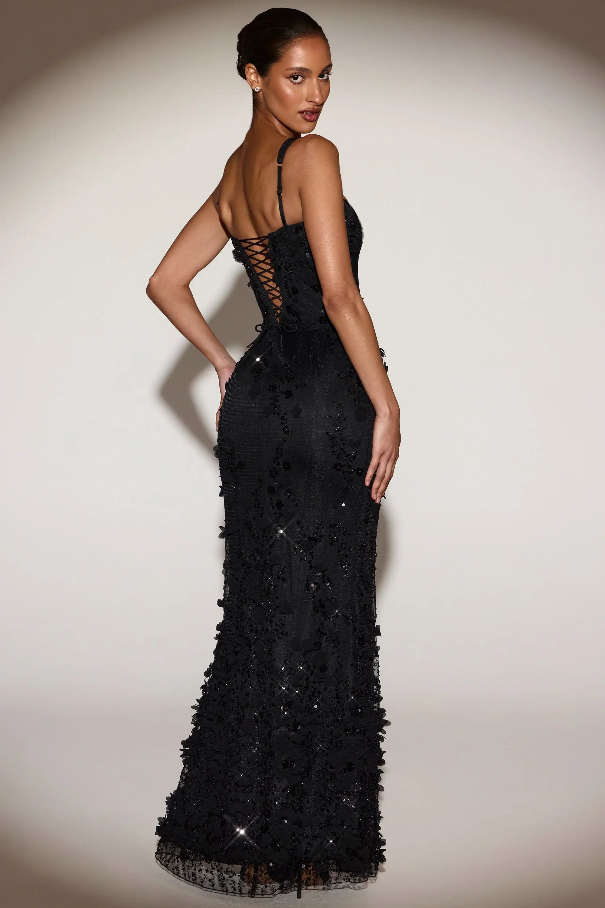 Embellished Appliqué Soft Scoop Corset Gown in Black