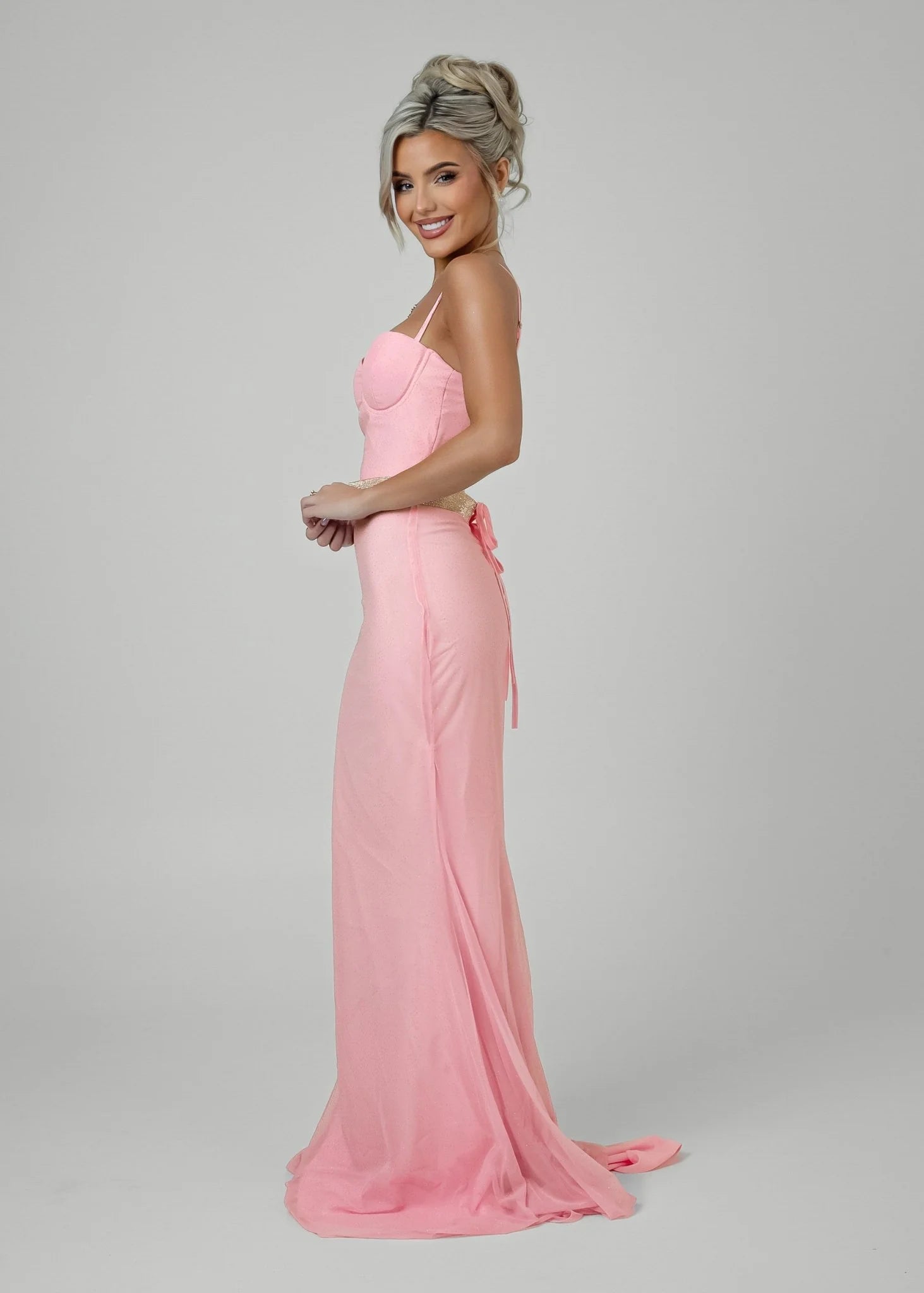 Secret Love Glitter Mesh Gown with Diamante Belt Pink