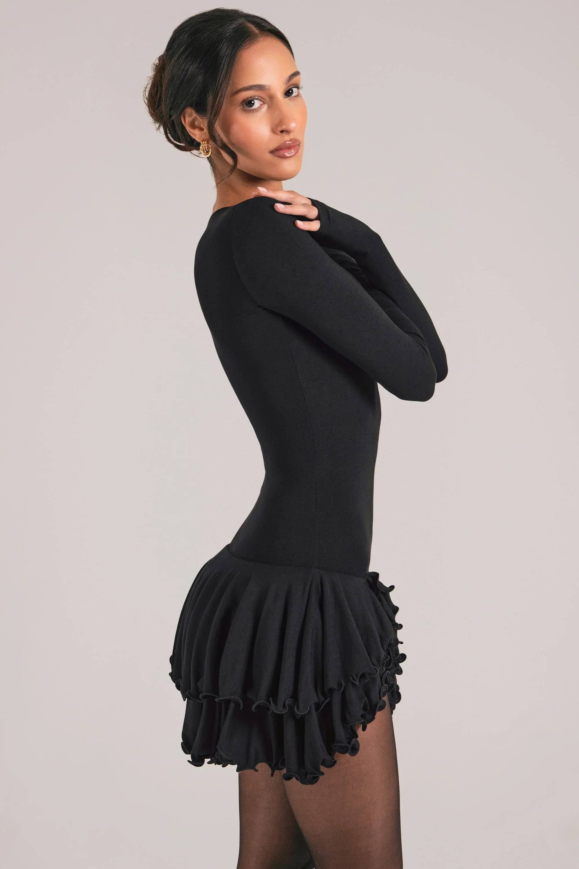 V Neck Ruffle Skirt Mini Dress in Black