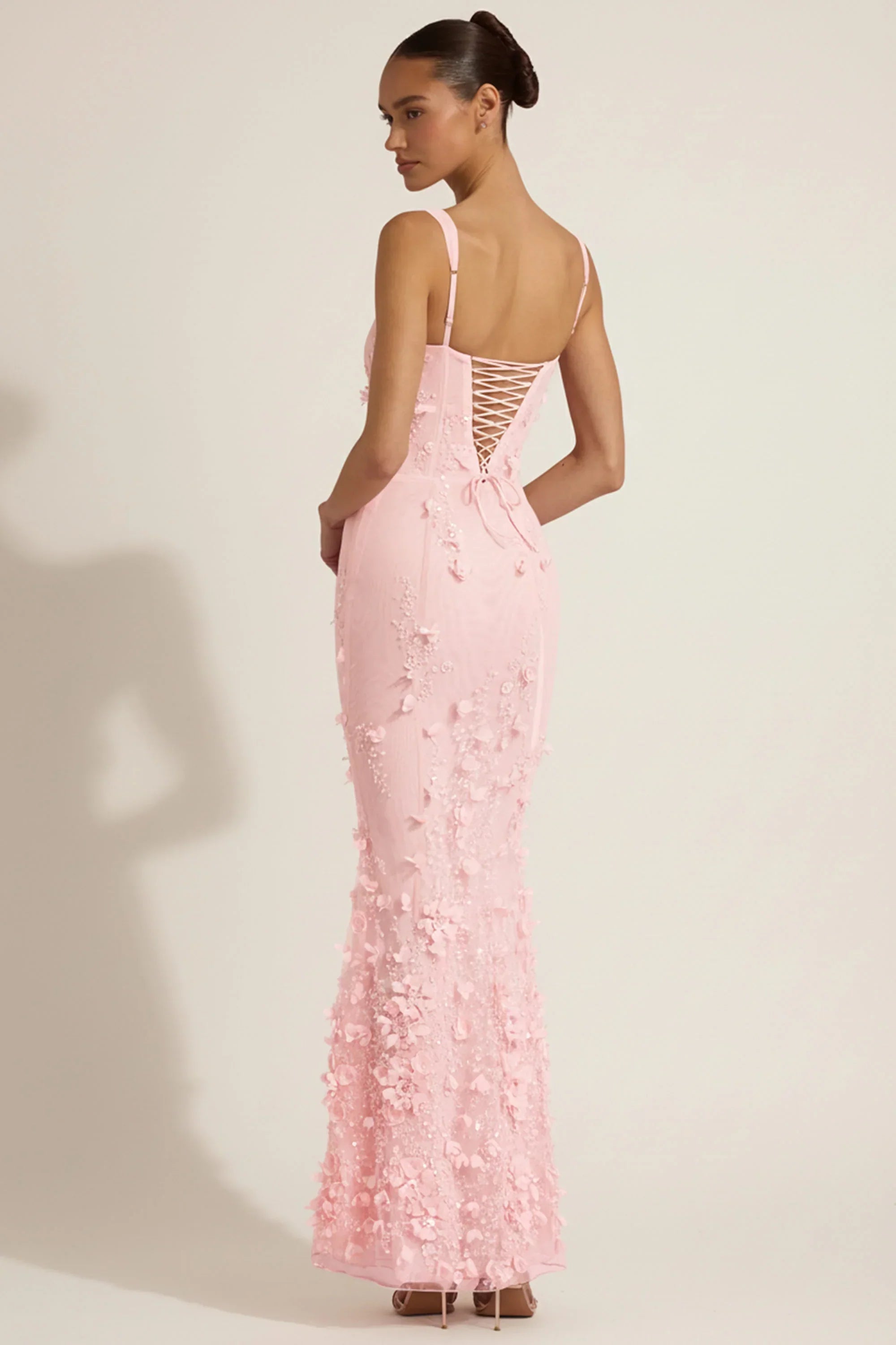 Embellished Appliqué Soft Scoop Corset Gown in Pink