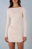 Modal Boat Neck Draped Long Sleeve Mini Dress in Ivory