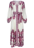 Tie Waist Linen Maxi Dress Pink Boho Paisley Border