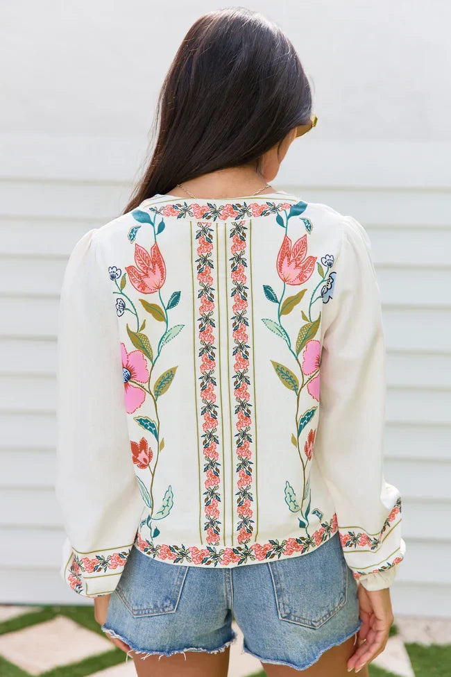 Maclyn White Floral Long Sleeve Tie Front Top