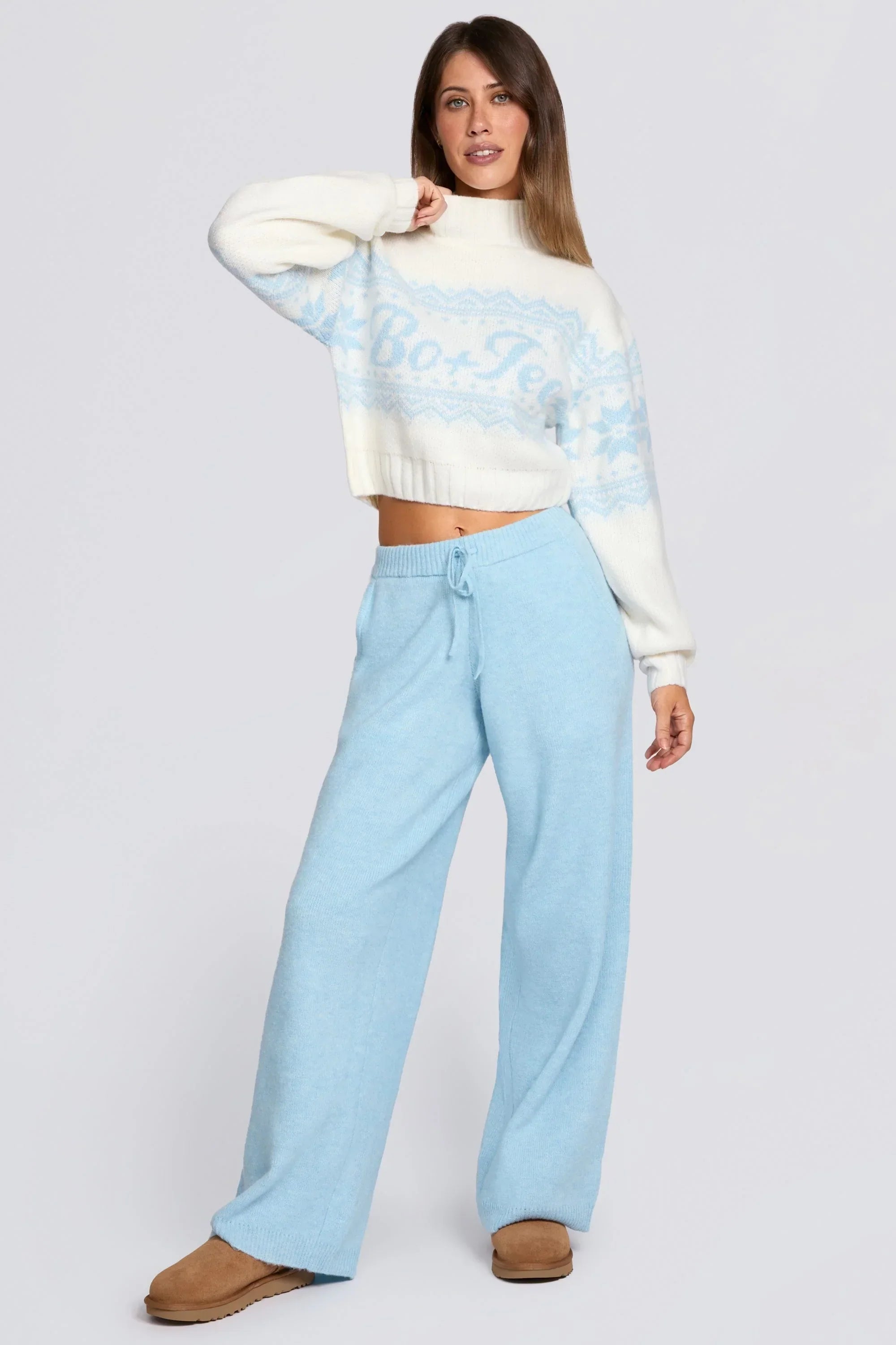 Knit Mid Rise Wide Leg Joggers in Powder Blue