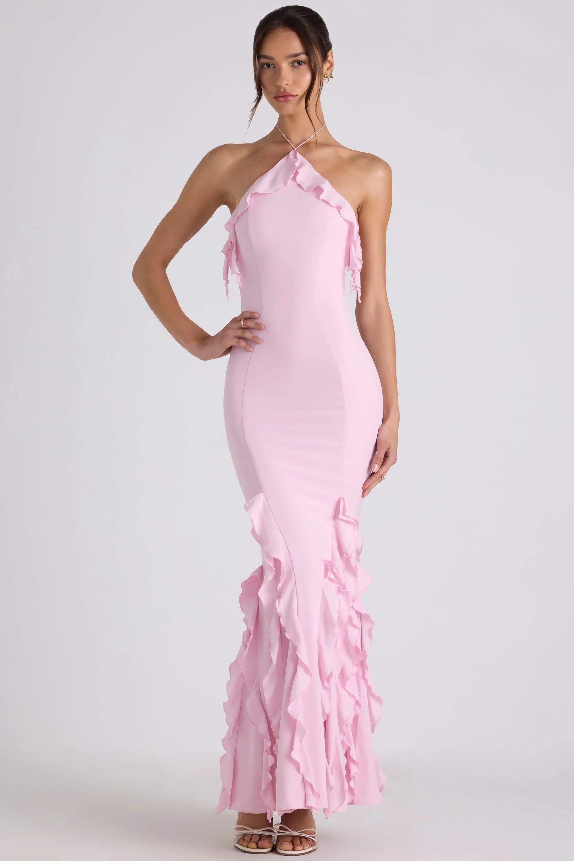 Ruffle Trim Halterneck Gown in Soft Pink