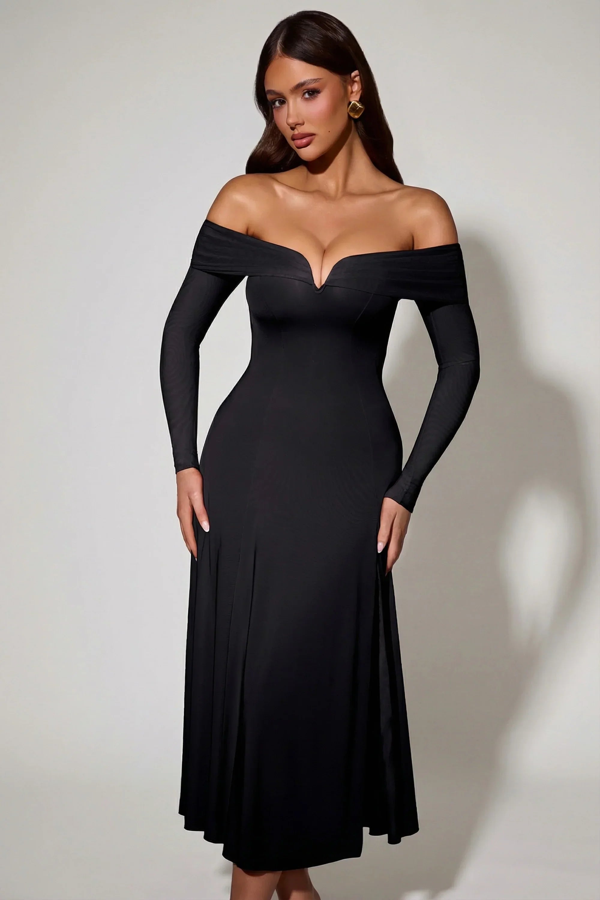 Off Shoulder Lace Up A Line Midaxi Dress in Black
