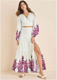 Printed Linen Two Piece Set Pink Boho Paisley Border