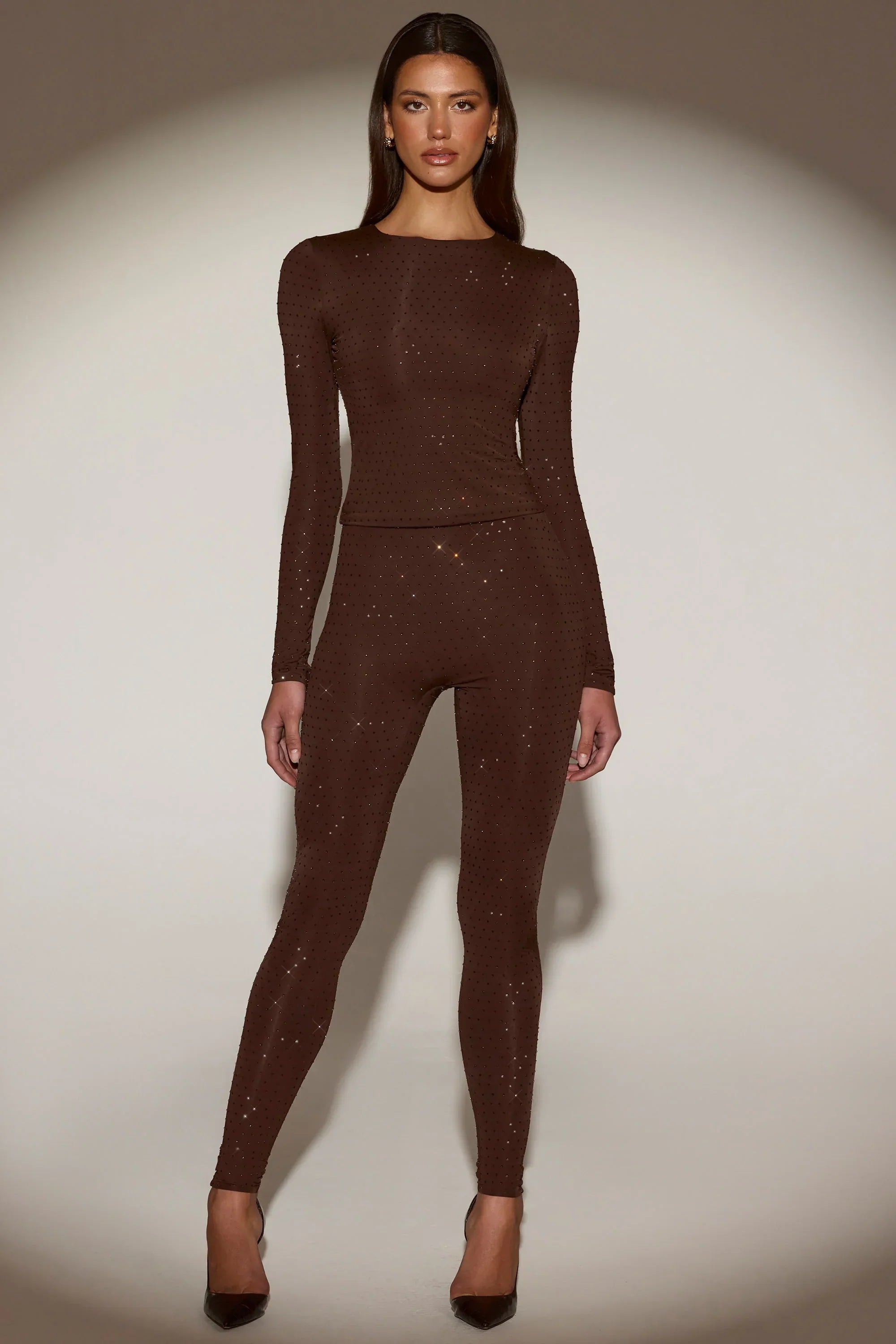Embellished Crew Neck Long Sleeve Top in Chocolate Brown