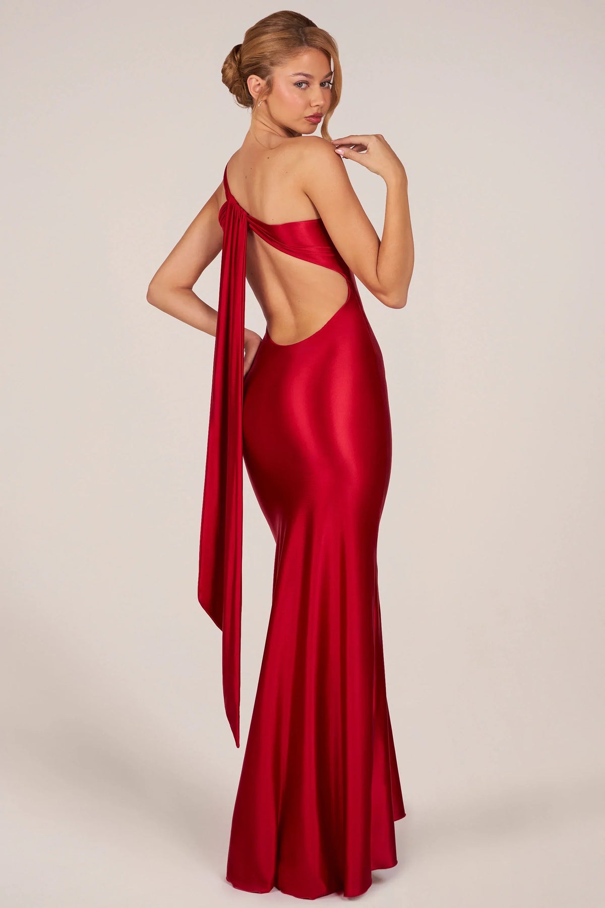 Asymmetric Tie Back Gown in Cherry