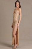Embellished Asymmetric One Shoulder Maxi Dress in Beige Gold