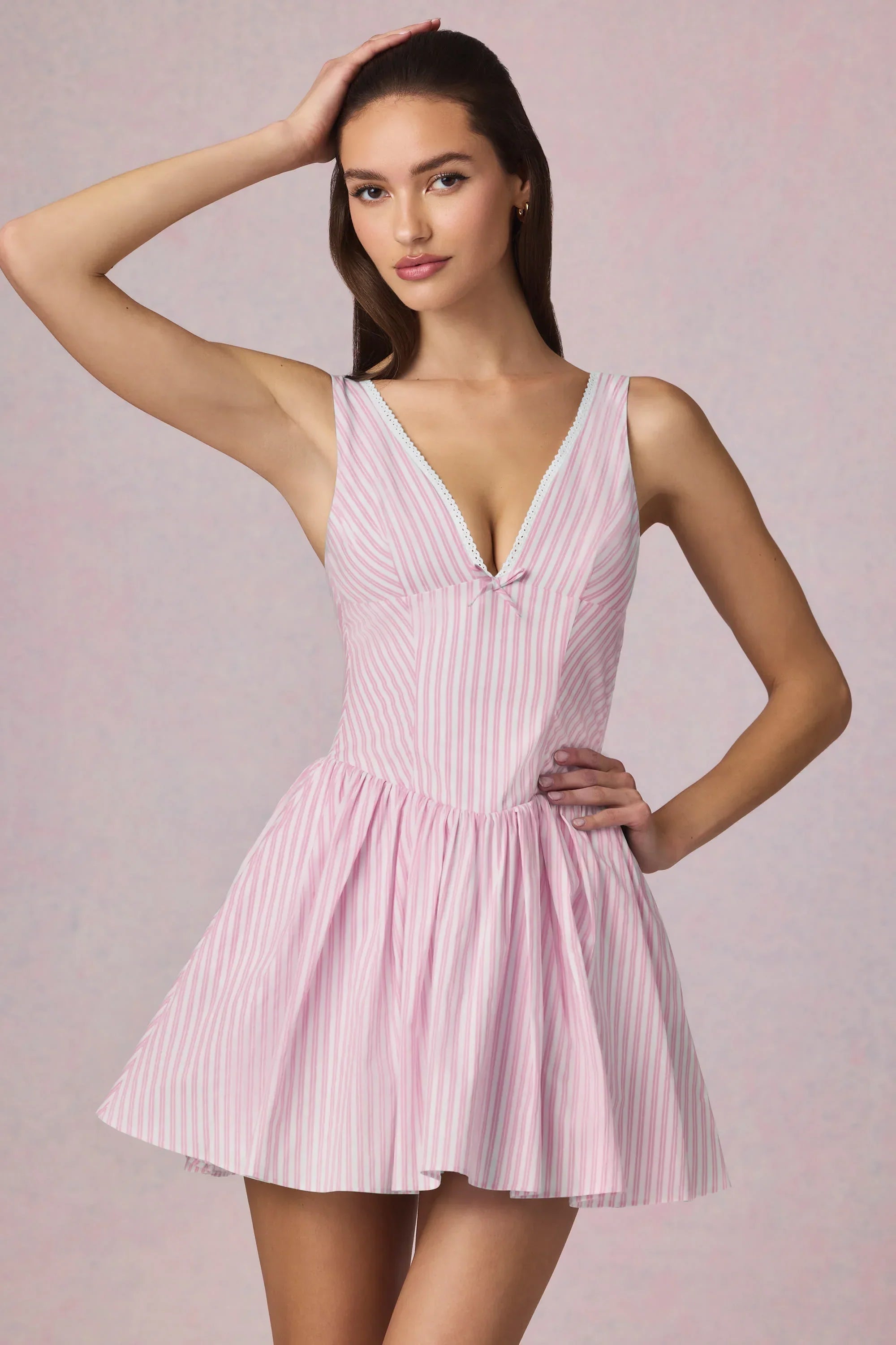 Bow Detail A Line Mini Dress in Soft Mauve Stripe