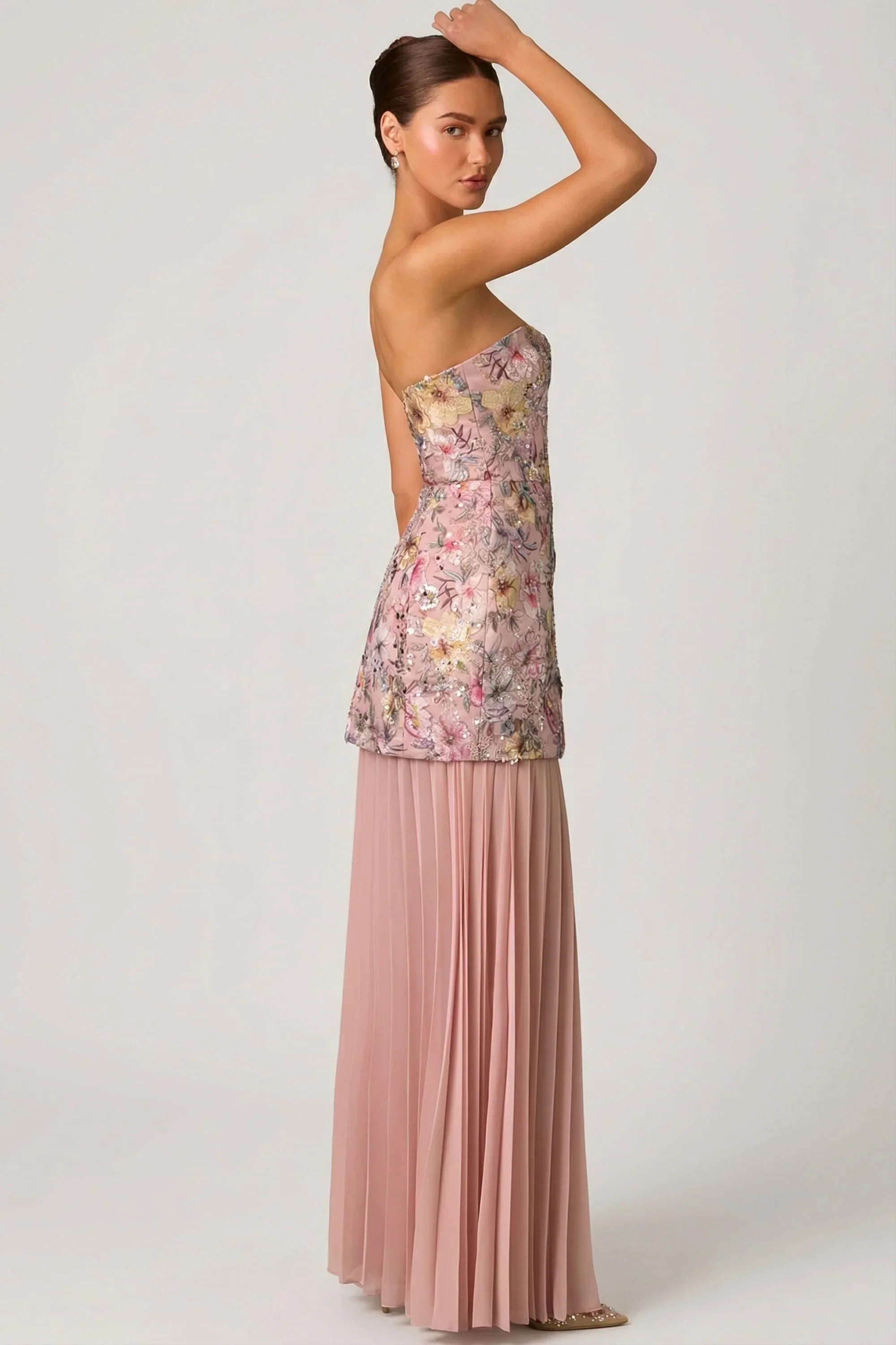 Embellished Convertible Lace Up Gown in Floral Pink