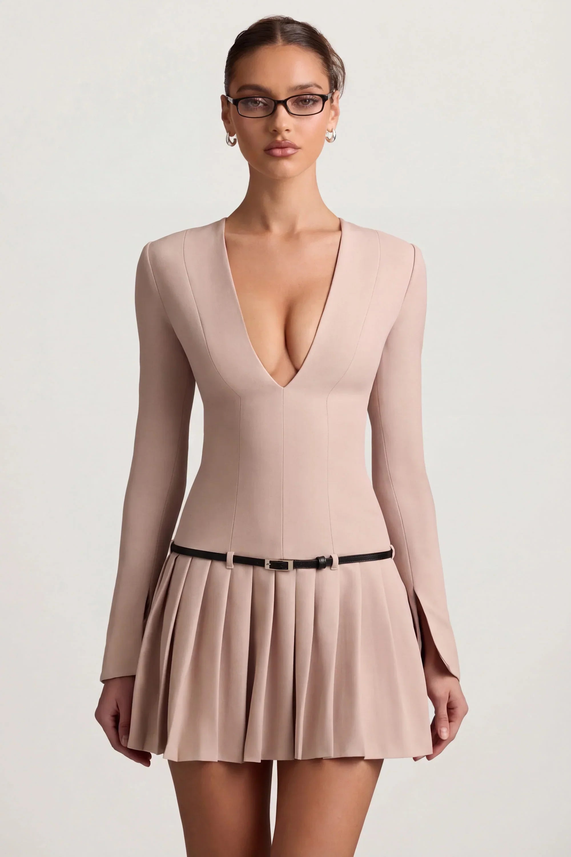 Long Sleeve Pleated Mini Dress in Mushroom