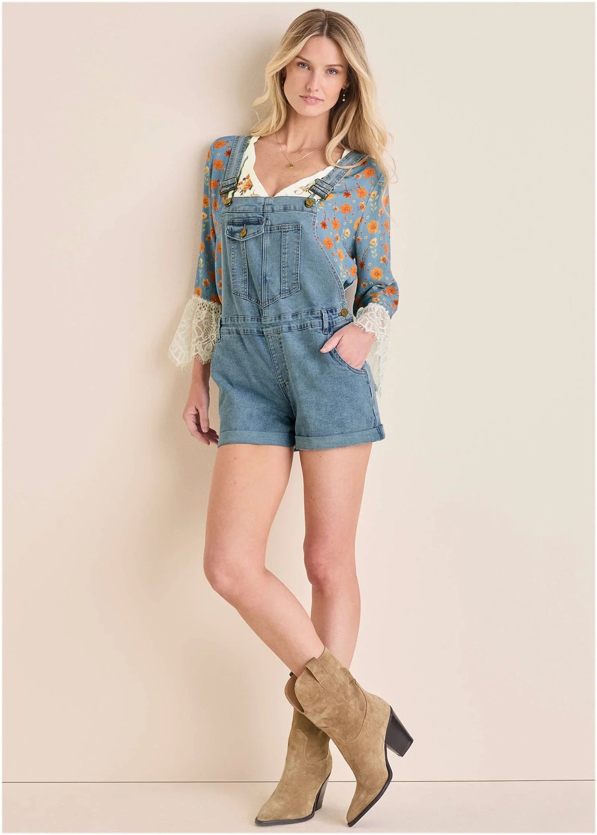 V Back Denim Overalls Light Wash
