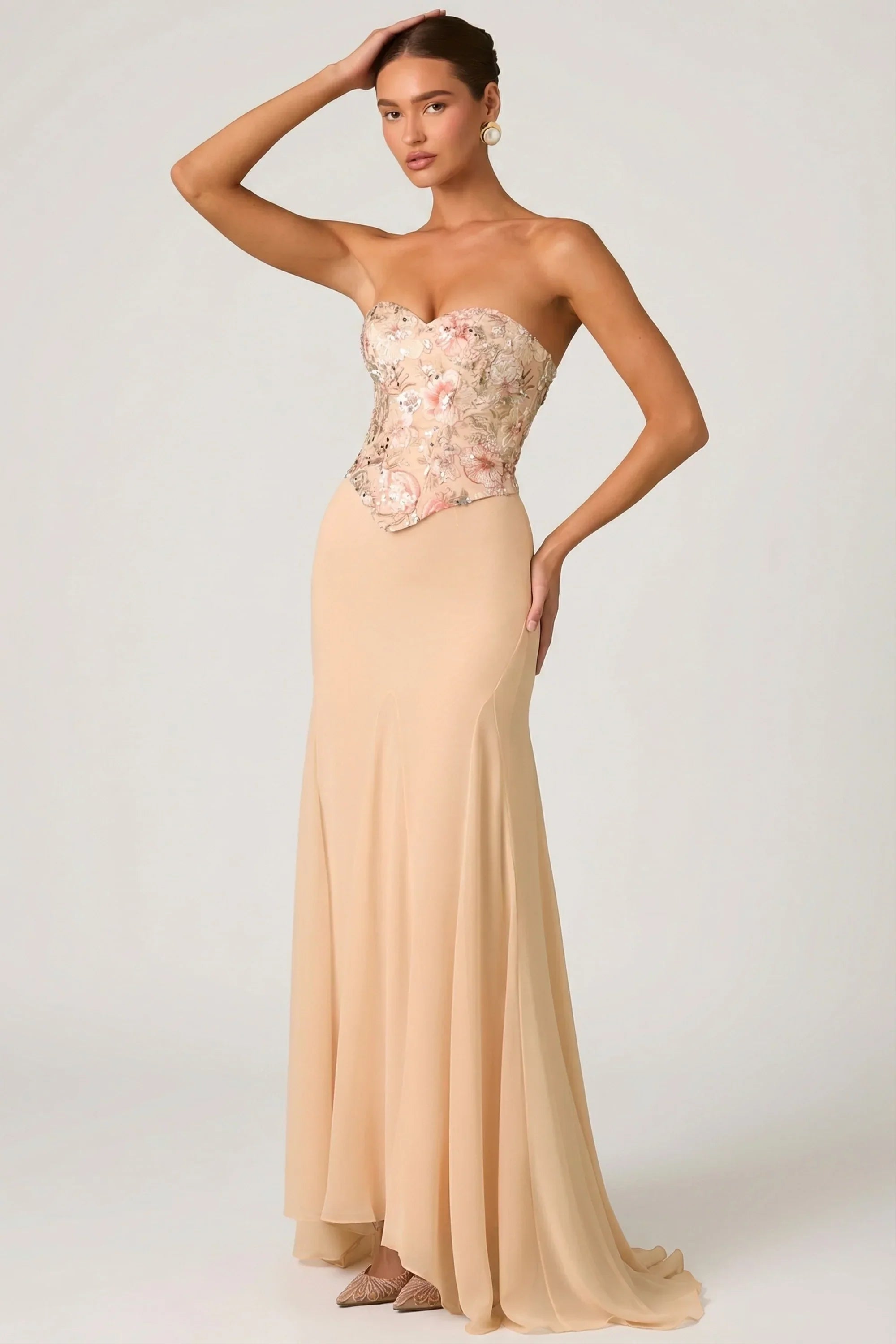 Embellished Corset Fishtail Gown in Floral Beige